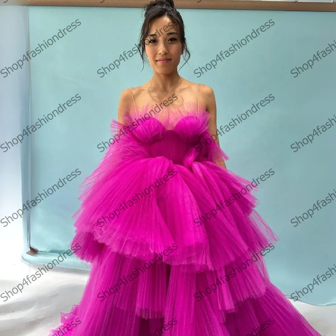 Extra Puffy Tulle Prom Party Dress Spaghetti Strap Mesh Pleated Long Evening Pageant Gowns Chic Ruffles Tiered Mesh Formal Dress