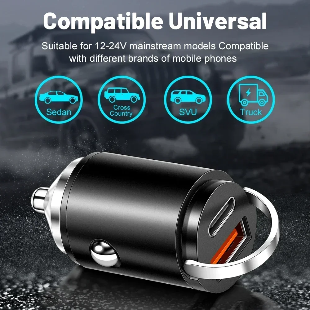 100/200W Mini Pull Ring Car Charger Dual USB Fast Chargingfor IPhone Xiaomi Samsung QC 3.0 Phone Convenient Charger Adapter view 2