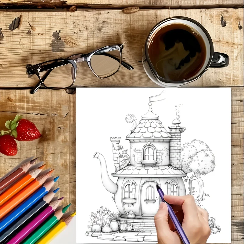 28 Pages Dreamy Teapot House Coloring Book for Adult, Birthday Party Gift, Drawing Supplies, Christmas, Thanksgiving, Halloween