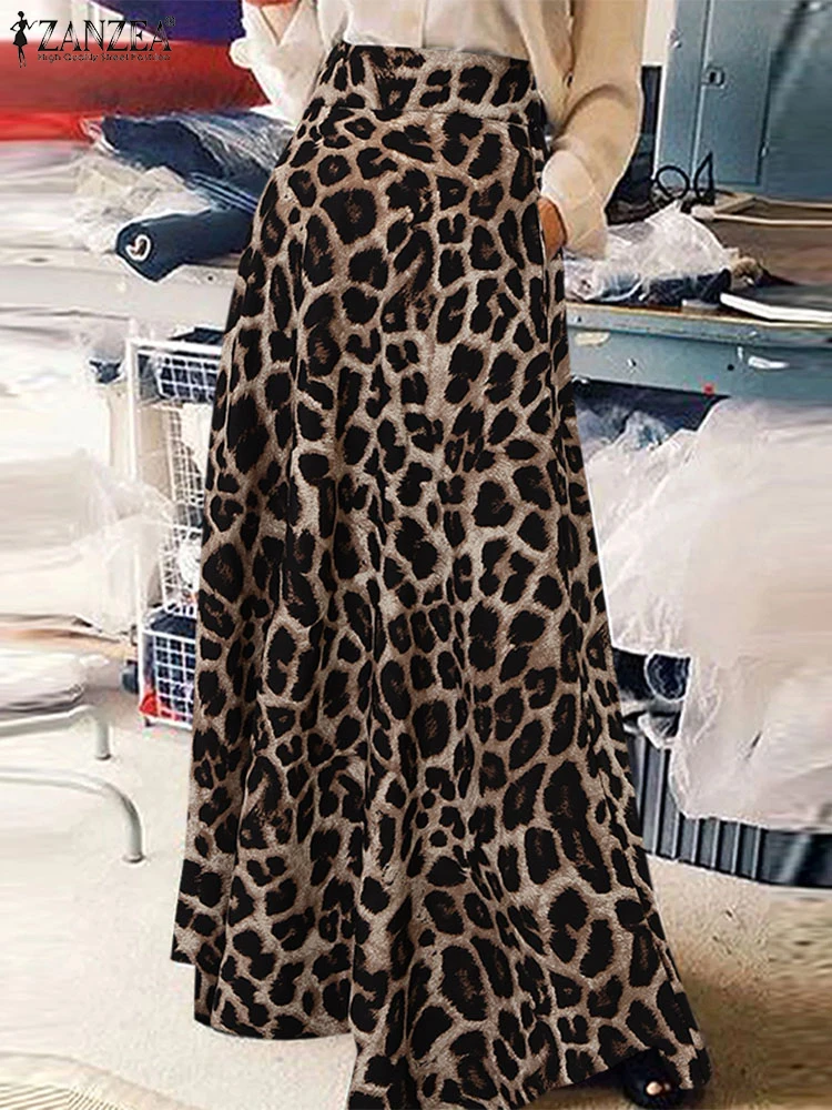 Fashion Women Leopard Long Skirt Autumn Spring Sundress ZANZEA Elegant High Waist A-line Faldas Saia Stylish Party Skirts Robe