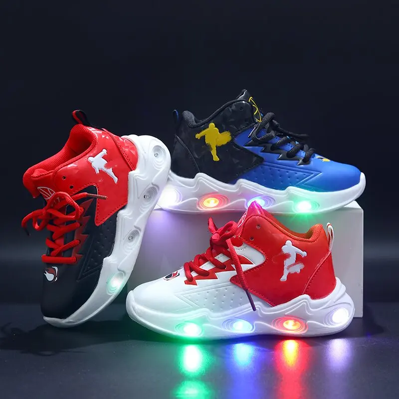 Mgo Kidss Girls' Mid-Top Basketball Shoes with Light-Up Features, Suitable for All Seasons, Sports Casual Shoes, Lace-Up Style, Pu Upper, Led Sneakers for Boys and Girls, Student Shoes, Suitable for Boys and Girls under 14 Years Old