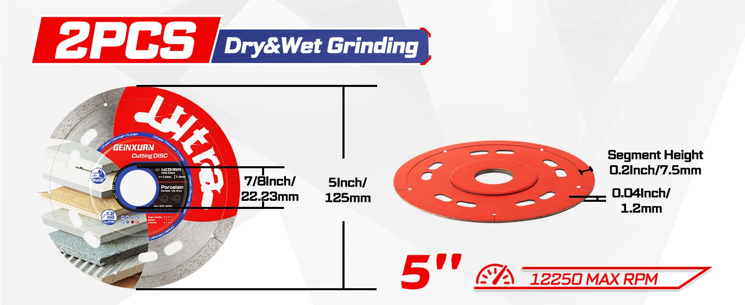 Geinxurn 2/5 Stück Superdünne Diamantsägeblätter für Fliesen (4,5"/5") für Winkelschleifer für 7/8" Schaft Handmarmorschneider – Detail 3