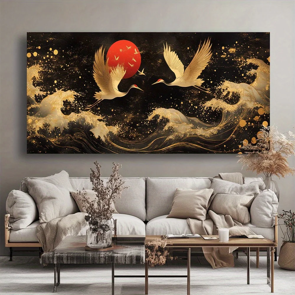 Golden Red-crowned Crane Red Sun Poster and Prints Animal Bird Art Canvas Painting Wall Art Picture for Living Room Home Deco
