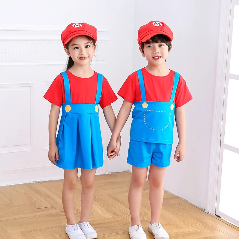 Super Marios Bros Cosplay Costumes with Suit Anime Figure Wario Boys and Girls Children's Summer Short Sleeved Shorts Dress Set