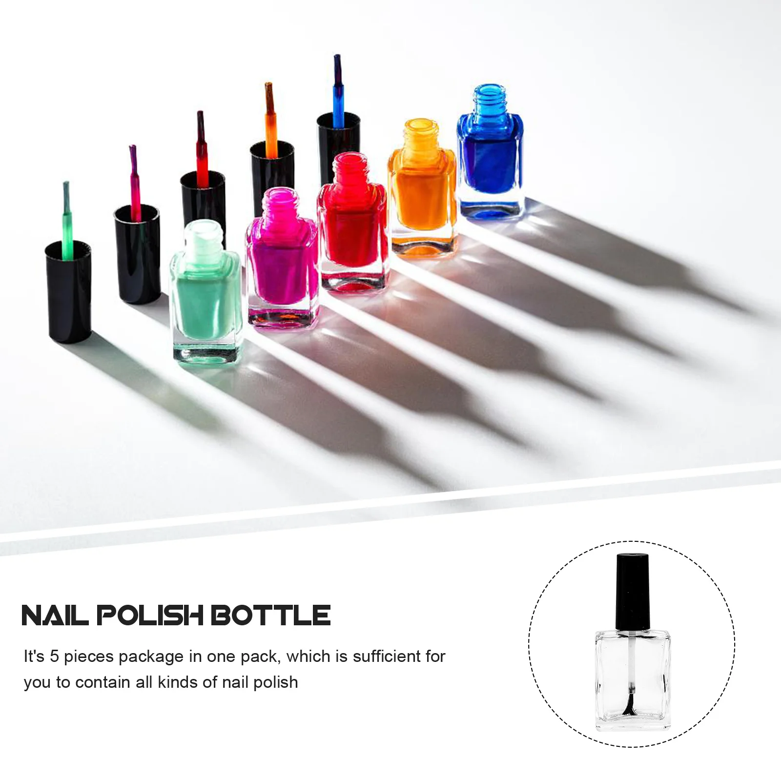 

5 шт. пустые бутылки для лака для ногтей, 15 мл, прозрачное стекло, дорожные контейнеры, портативная герметичная кисть внутри, бутылки для лака для ногтей премиум-класса
