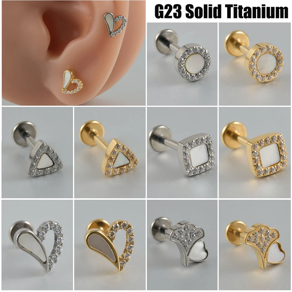 1Pc 16g G23 Titanium CZ Gem Inner Theaded Lip Labret Conch Earring Stud Heart Leaf Cartilage Helix Ear Tragus Piercing Jewelry