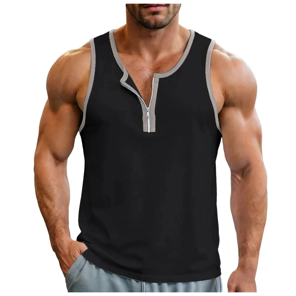 Men's Fitness Vest Sleeveless Quarter Zipper Color Matching Waistcoat Sports Muscle Tank Tops Summer Sleeveless T-Shirts
