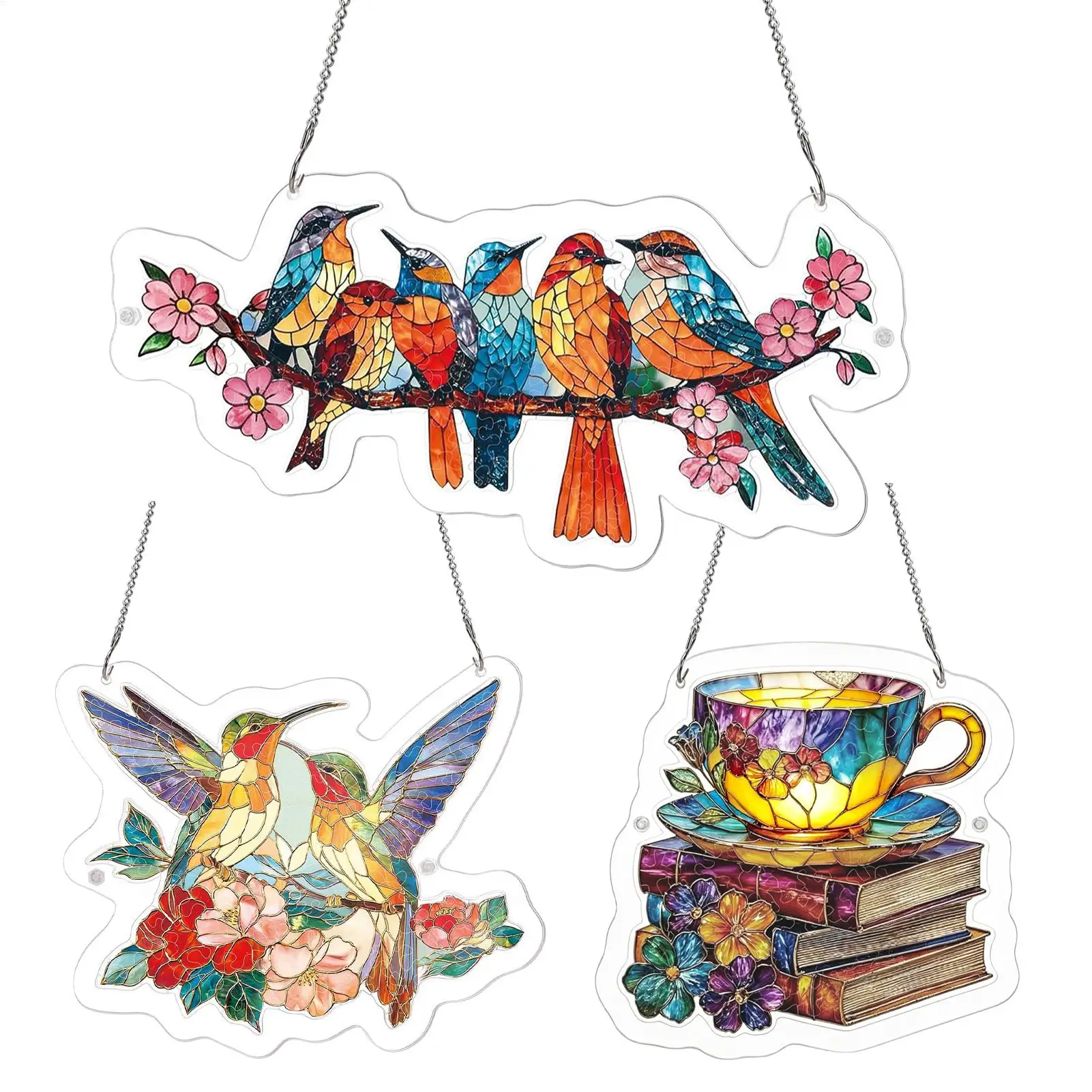 2D Bird On Branch Suncatcher Stained Glass Effect Hanging Window Ornament Windows Garden Or Indoor Spaces Acrylic Board