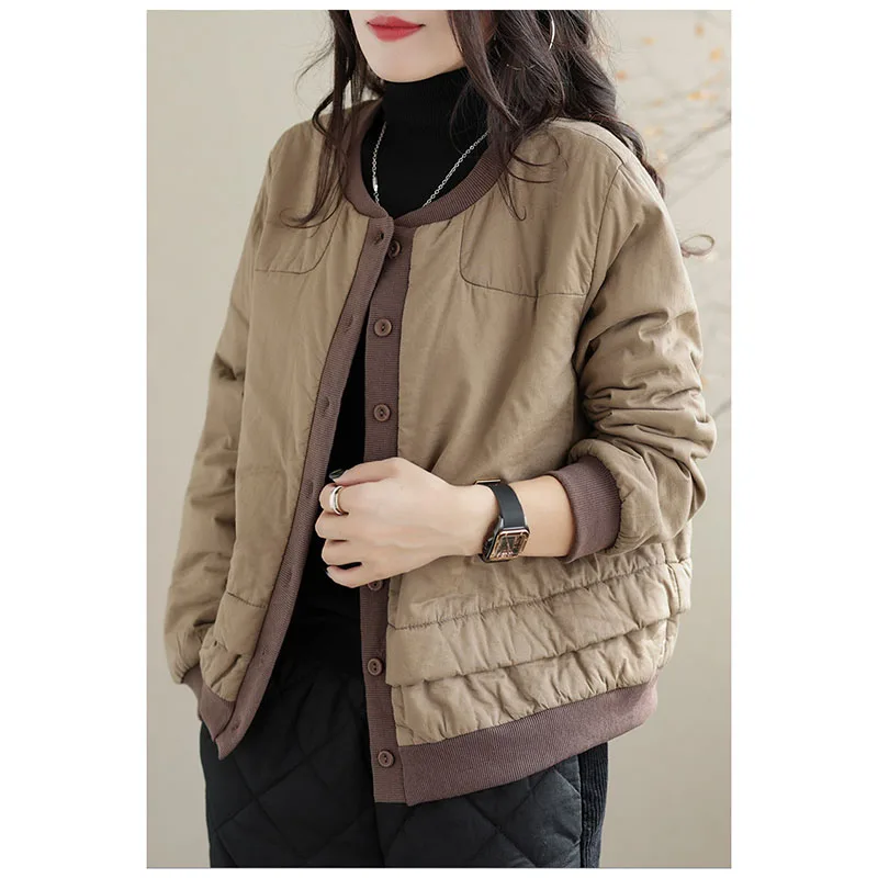 

Fashion Mom Cotton-padded Jacket Short Coat Women Winter Plus Cotton Casual Round Neck Cotton Coat Slim Warm Color Matching Top