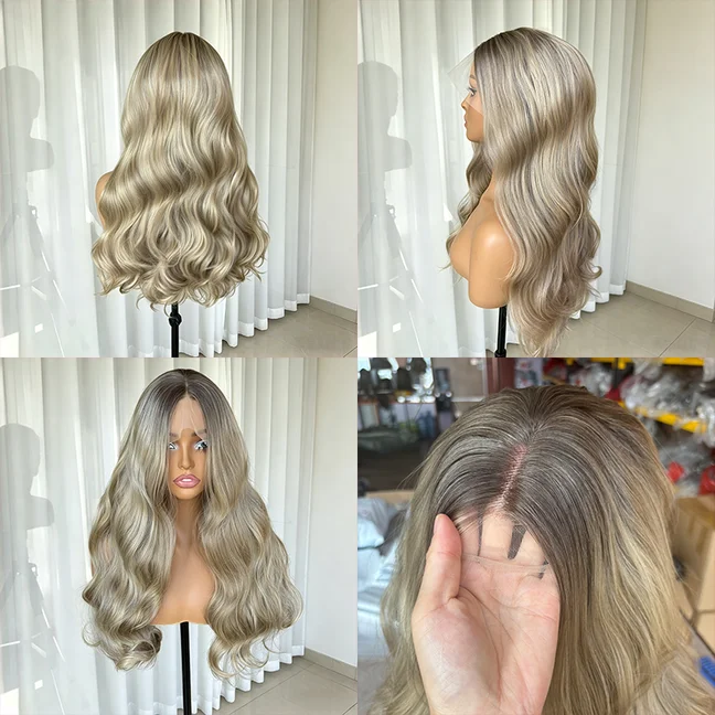 26inch Body Wave 13x4 Lace Front Synthetic Wig for Women Blonde Highlights Pre Plucked Hairline Resistant soft Synthetic Wigs