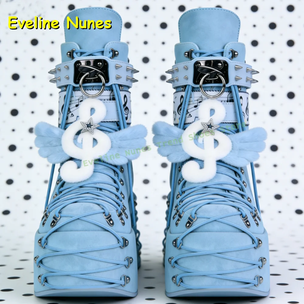 Women's Light Blue Music Note Platform Boots Punk Spike Wing Decor Chunky Heel Sweet Fashion Mid-Calf Boots for Festival & Party