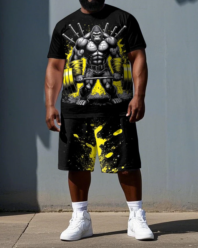 Men's Plus Size Ape Graphic T-Shirt and Shorts Set, 2 Piece Short Sleeve, Casual Everyday Wear for Summer and Travel, S-9XL