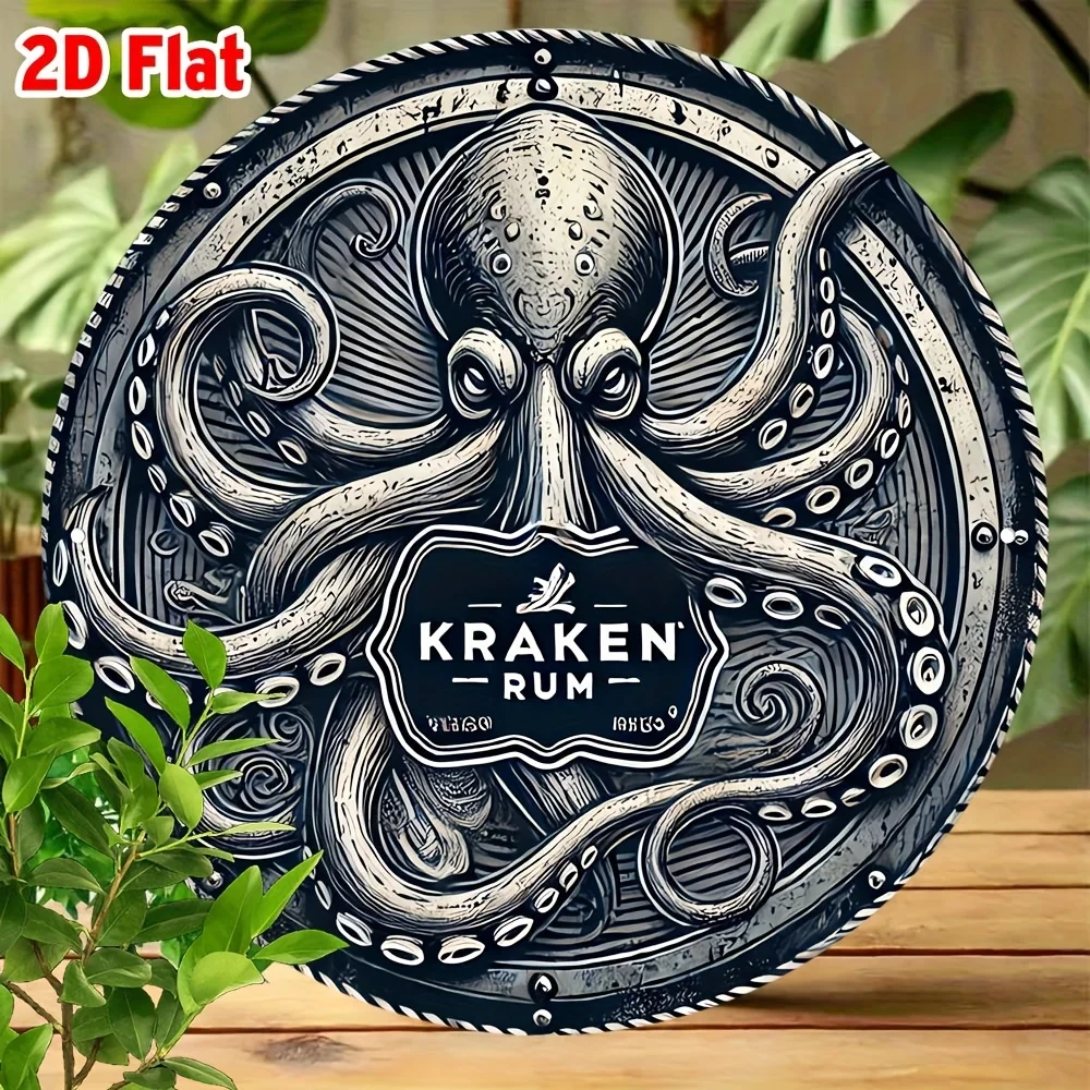2D Flat, 1pc KRAKEN RUM 2D Flat Metal Sign - 8x8 Inch Round Aluminum Wall Decor with Octopus Design, Vintage Nautical Style, Ind