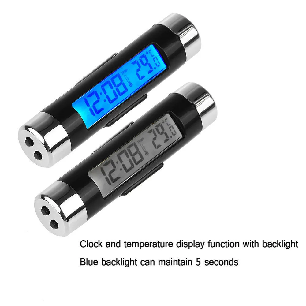 2 in 1 Car Auto Thermometer Clock Calendar LCD Digital Display Screen Clip-on Digital Blue Back Light Automotive Accessories