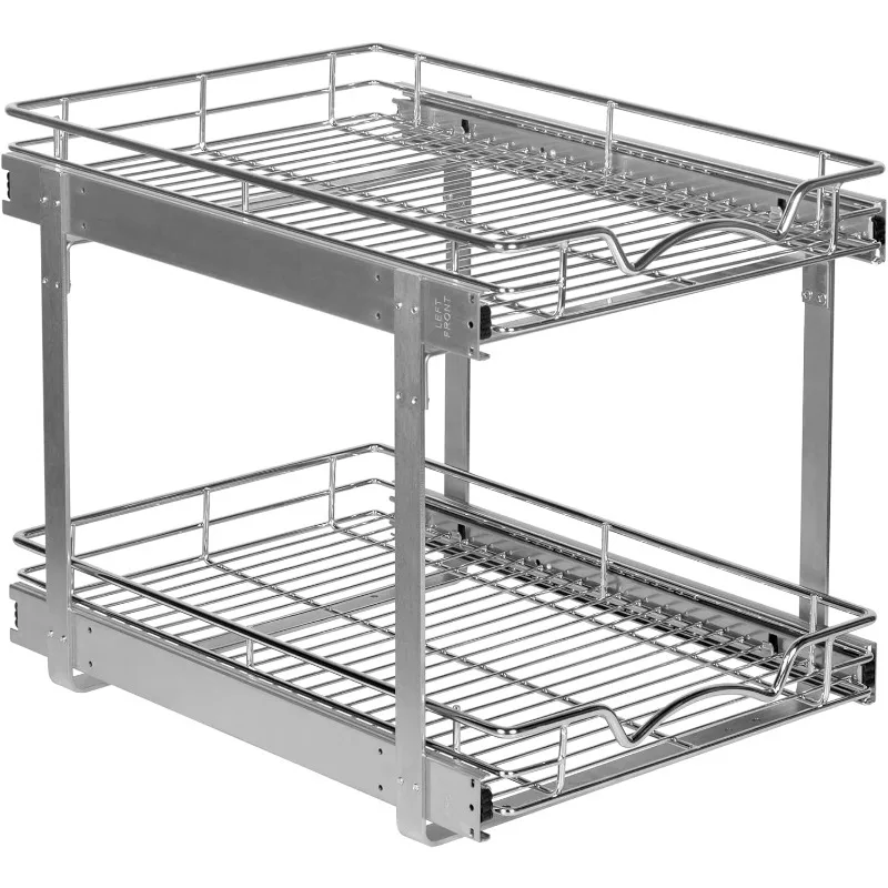 

Pull Out Cabinet Organizer 2 Tier – Heavy Duty Metal -Anti Rust Chrome Finish - 15.5" W x 21" D x 16.5" H