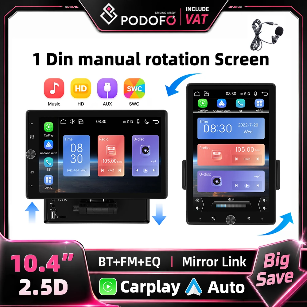 Podofo 1 Din Auto-Multimedia-Player, manuell drehbarer 10,4-Zoll-HD-Kapazitiver-Touchscreen, kabelgebundenes Carplay, Android Auto, Bluetooth, FM, RDS, USB, Mirror Link, Autoradio.