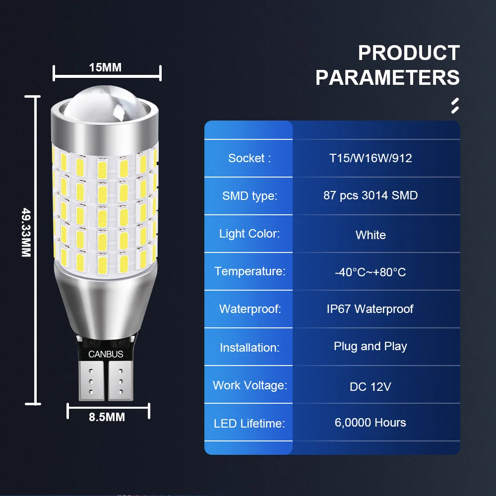 مصابيح إشارة الضوء العكسي لشيفروليه كامارو ، رقاقة CSP LED ، بدون خطأ ، كانبوس أبيض ، 87SMD ، W16W ، T15 ، K ، 12V ، 24gsm ، 2