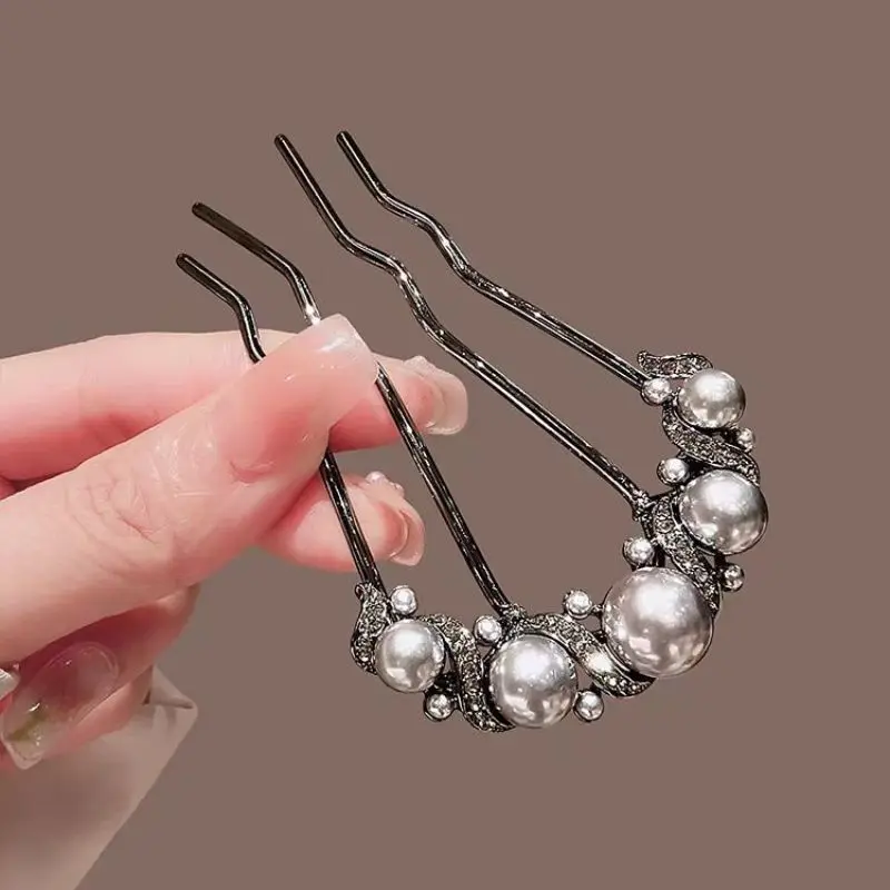 Exquisite Rhinestones Pearls U-shaped Hair Combs for Women Elegant France Ancient Style Alloy Hairpin Female Hair Accessories