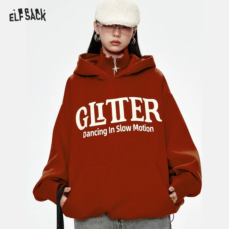 

ELFSACK 2024 Winter New Arrivals Red letter printing knitted collar stitching plus velvet hoodie women loose casual Christmas