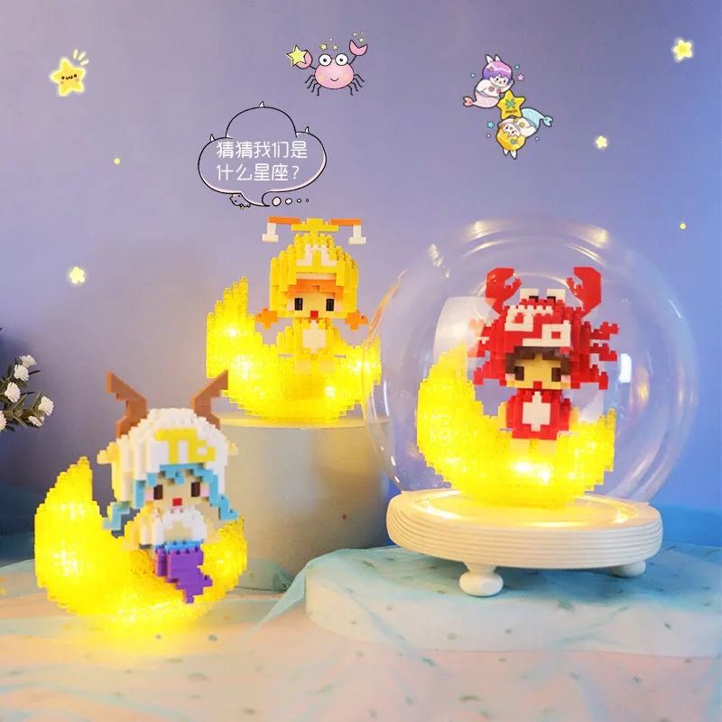 Kawaii Moon Twelve Constellations Building Blocks Aries Taurus Gemini Model Sagittarius Mini Brick Toys For Kids Gift With Light