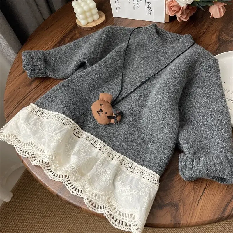 الخريف الشتاء الفتيات محبوك سترة لون نقي طويلة الأكمام قمم جولة الرقبة البلوز ملابس الأطفال مريحة نمط الحلو #3