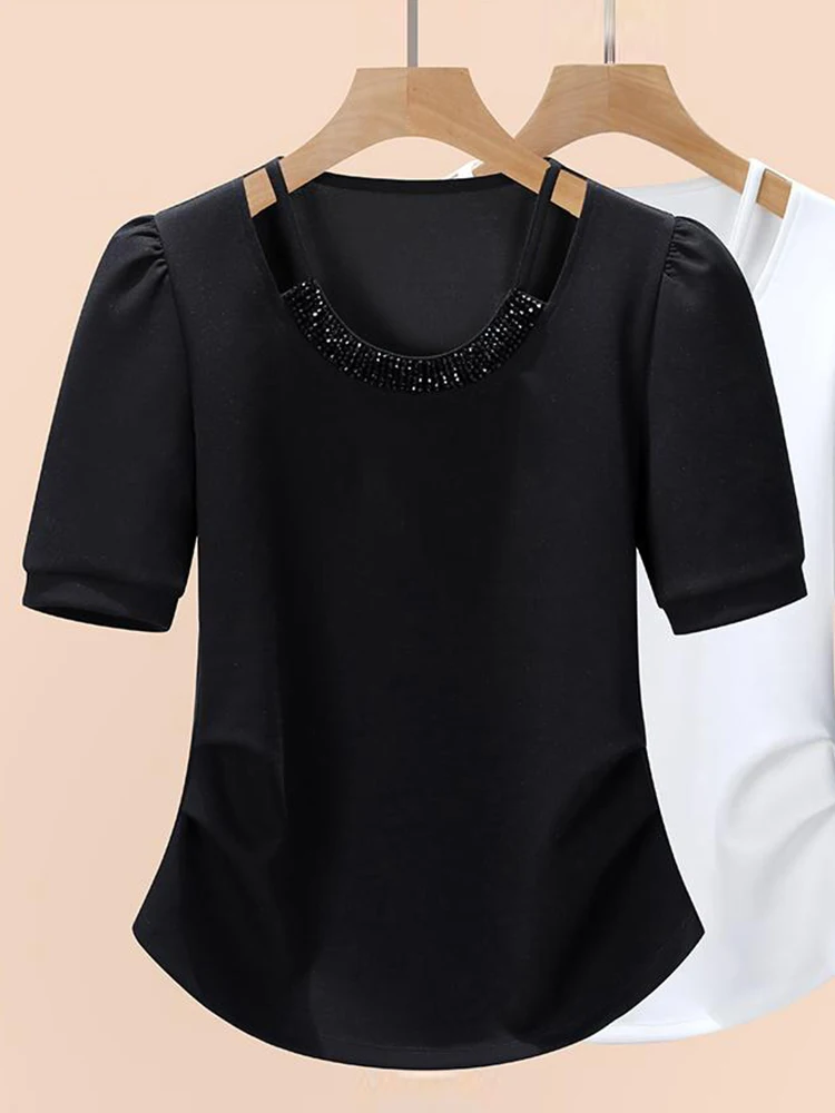 

Ele ort Sve T-irt Women's Summer New Sle Heavy Beading Hollow out Top Faionable Age-Defng Korean Sle Commute