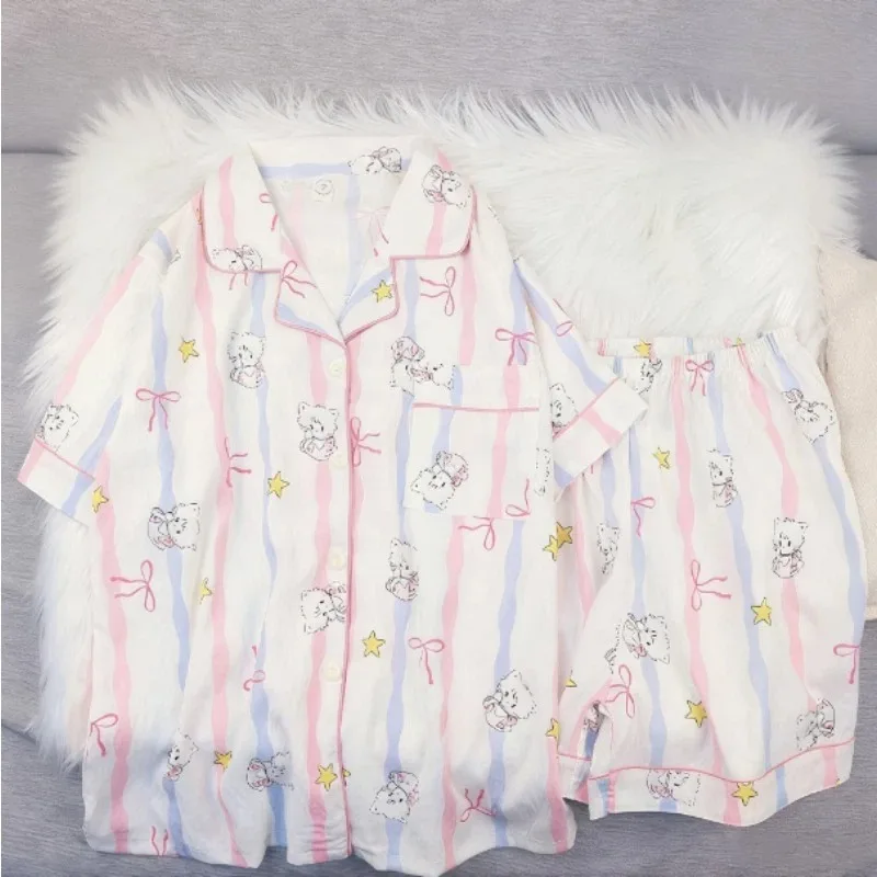

2pc Women's Pajamas Korean Style Casual Cartoon Pajamas Set for Women Sweet Cute Striped Cat Print Outside Summer Short Homewear