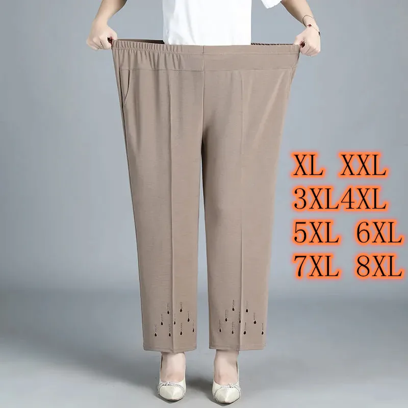 

6XL 7XL 8XL Middle-aged Elderly Women's Pants Spring Summer Elastic Waist Mother Trousers Large Size Solid Casual Straight Pants