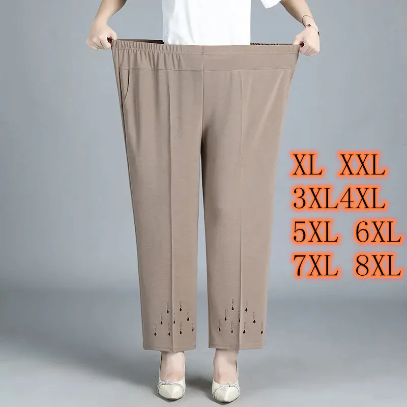 6XL 7XL 8XL w średnim wieku spodnie dla kobiet wiosenne letnie spodnie dla matki z elastyczną talią duży rozmiar jednokolorowa na co dzień proste spodnie