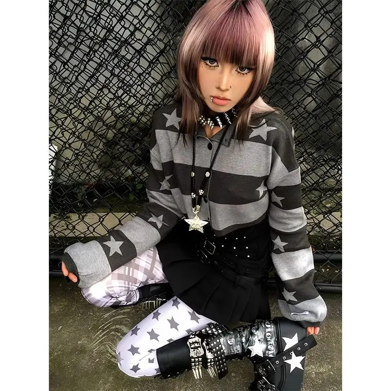 سترة نسائية ذات ثقافة فرعية على الطراز القوطي الشرير سترات محبوكة فضفاضة ورقيقة معاطف Y2k ملابس الشارع الشهير Harajuku القوطية أنيقة