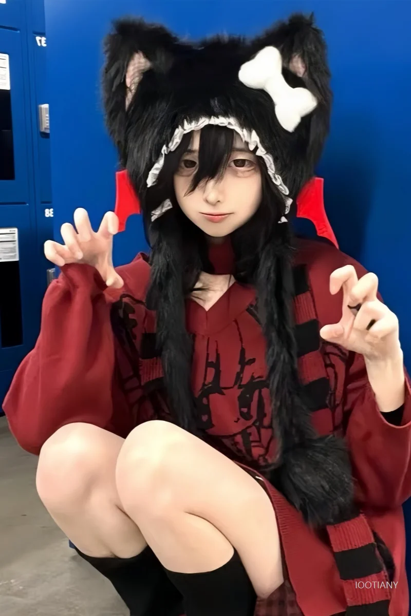 Subcultura punk anjo diabo asas chapéu de malha cosplay lolita gótico escuro y2k menina quente earmuffs acessórios inverno quente gato orelha chapéu