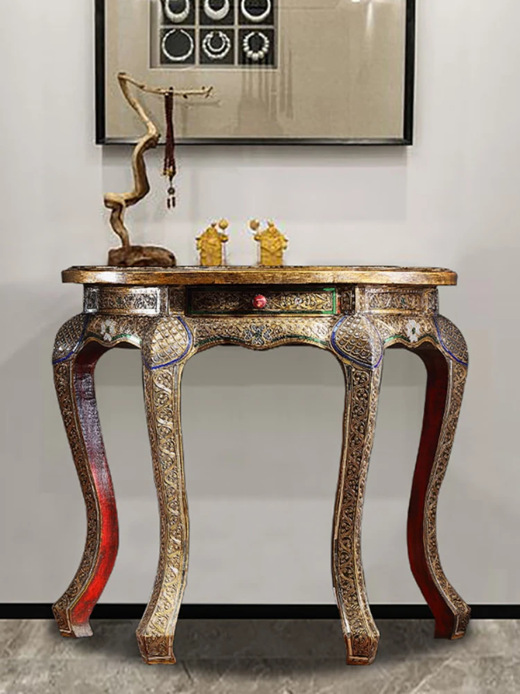 

High quality new Chinese handmade semi-circular porch side table Southeast Asian style wall back porch table furniture