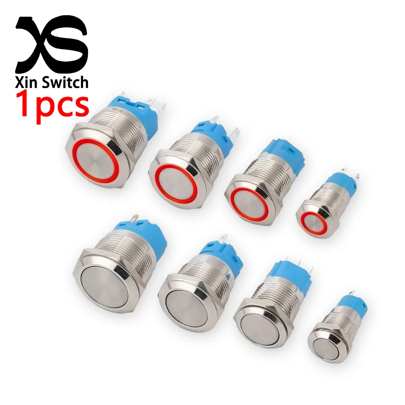 1PCS 12/16/19/22mm Self Locking Waterproof Metal Push Button Switch No Light/Red Led Light 12V-24V 5A-10A Circular Power Switch