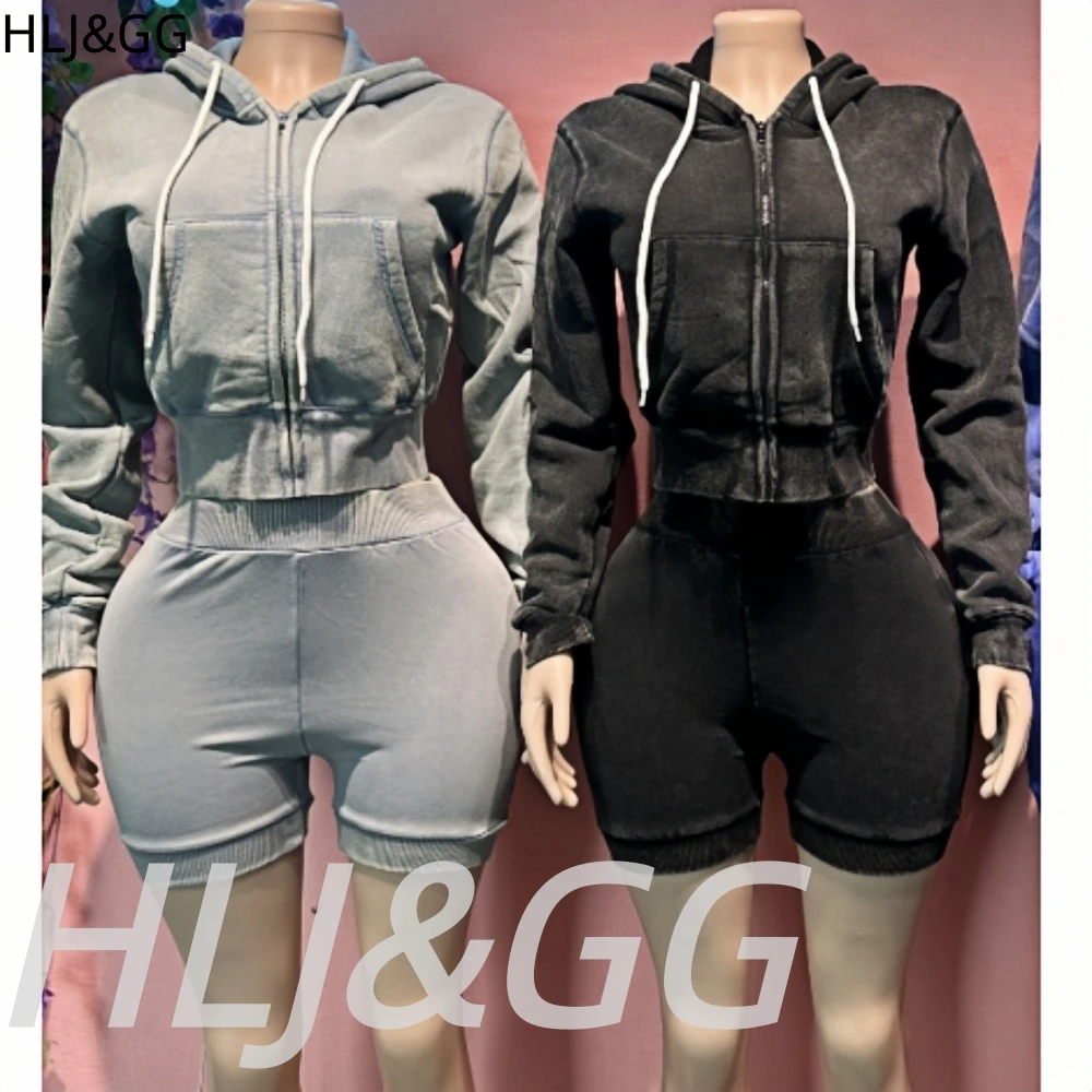 HLJ&GG High Quality Washed Casual Zip Hooded Two Piece Sets Women Long Sleeve Top+Biker Shorts Outfits Fashion Sporty Streetwear - Image 3