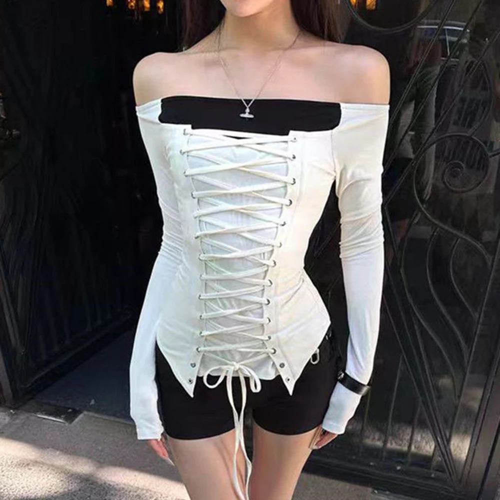 

Design Spice Girl One-word Shoulder Long Sleeve T-Shirt Women's Autumn 2025 New Niche Straps Waist Skinny Top