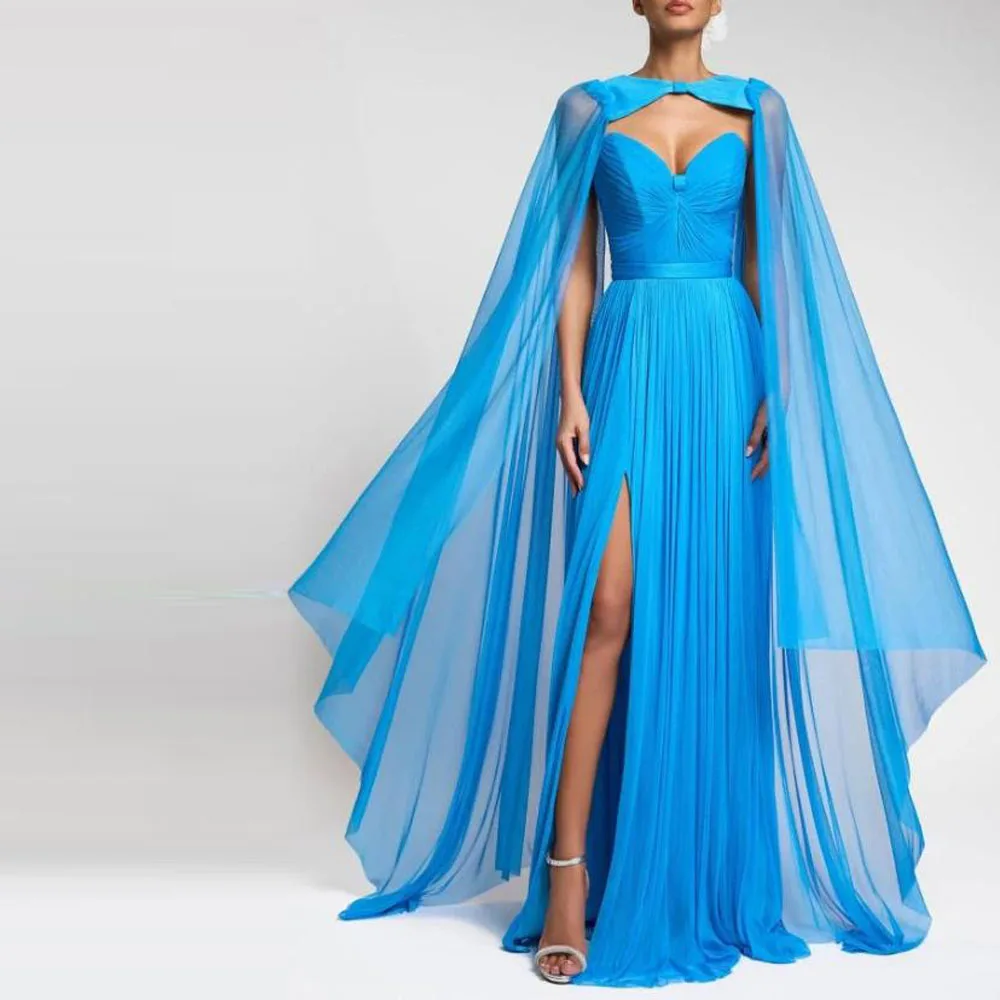 맞춤형 Pleated Chiffon Dresses Shawl Sweetheart A 라인 정장 이브닝 드레스 사이드 스플릿 Boho 여름 웨딩 게스트 가운