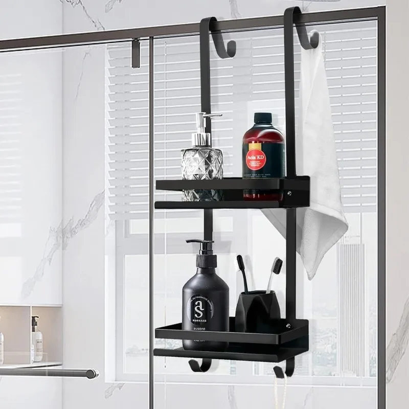 

1 non drilled double-layer shelf+hook bathroom organizer for storing shower gel/shampoo in a suspended shower area
