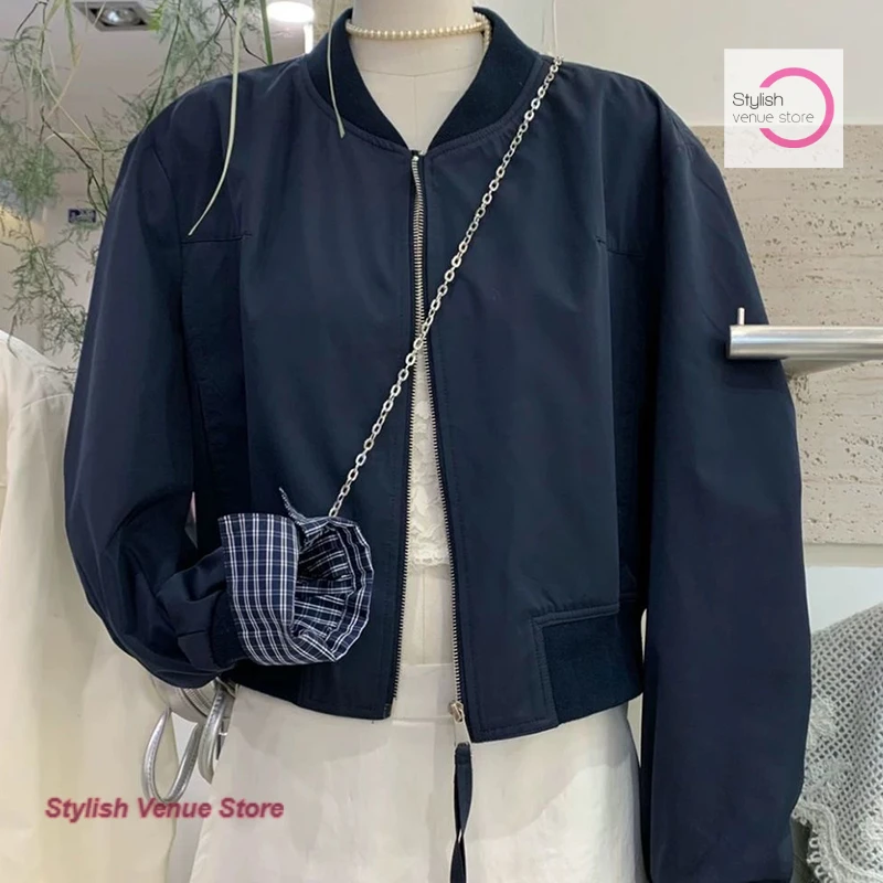 

Korean style solid color fashion collar jacket women's spring and autumn new fashion jacket loosely spliced sleeve plaid jacket