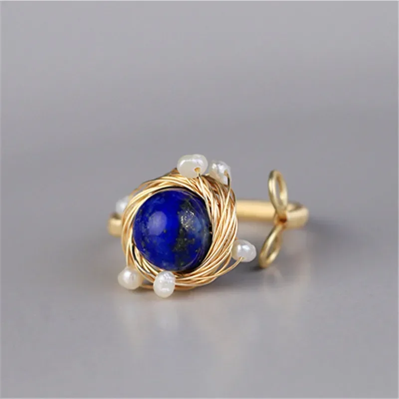 Cincin Vintage model Korea, perhiasan cincin mutiara anak perempuan, tempramen, mata biru, Lilitan, cincin Vintage bisa disesuaikan, gaya Korea, baru, buatan tangan