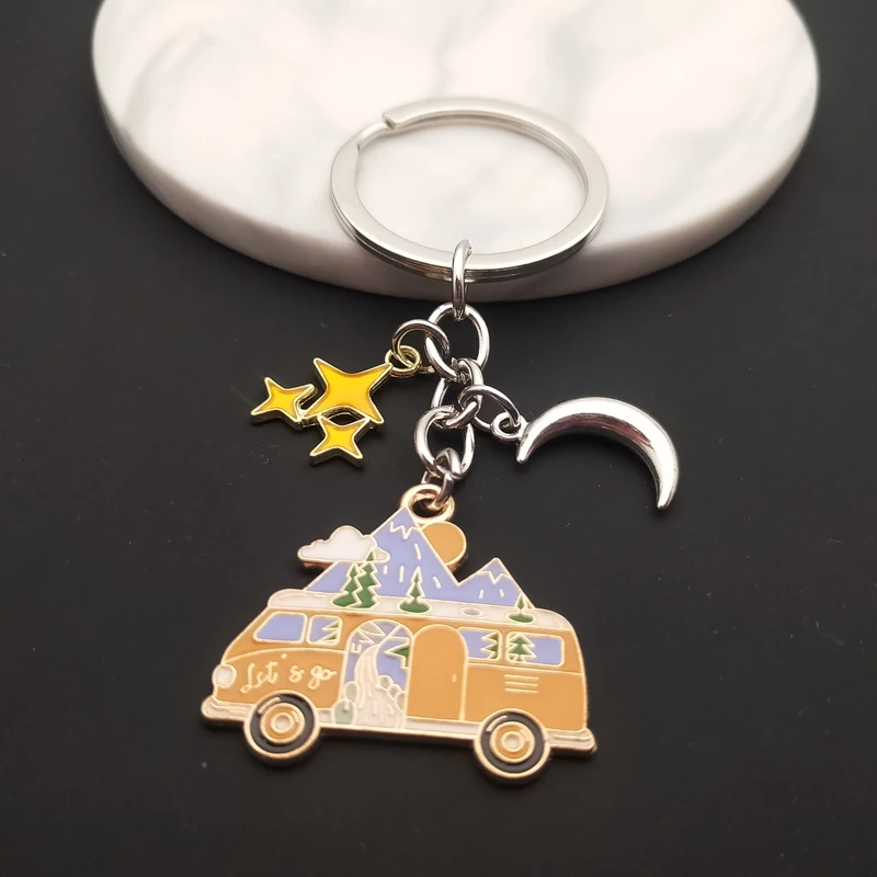 New Fashion Enamel Keychain Moon Star Sightseeing Bus Keychain Camping Keychain Camper Handmade Jewelry Gifts