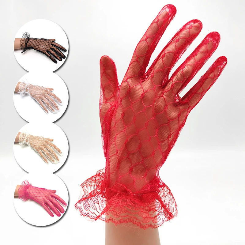 Retro Spitze Netz Garn Handschuhe elegante ausgehöhlte Frauen schwarz rot weiß kurze Spitze Braut handschuhe Hochzeits feier Zubehör Handschuhe