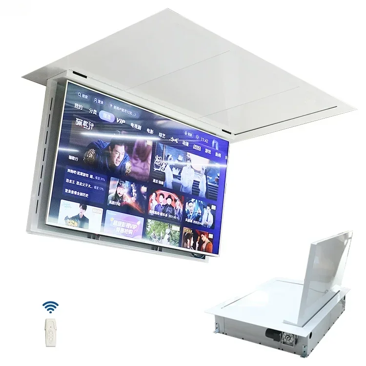 Gran oferta 32 43 50 55 60 65 70 75 pulgadas TV techo motorizado soporte techo oculto Tv soporte gabinete para Hotel sala de estar Bedro