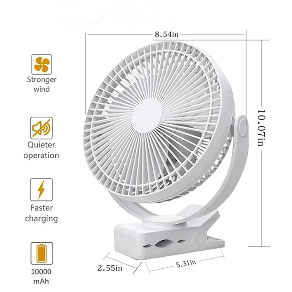 10000mAh 8 بوصة بطارية قابلة للشحن تعمل بالطاقة كليب مروحة ، مروحة الناقل التسلسلي العام دورة الهواء ، المحمولة التخييم في الهواء الطلق خيمة الشاطئ أو سيارة