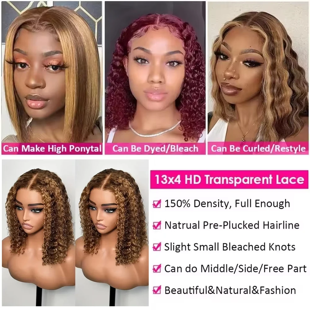 Peluca Bob con ondas de agua 13x4 P4/27 resaltado 13x4 peluca Frontal de encaje transparente 100% peluca de cabello humano brasileño 150 de densidad para mujeres