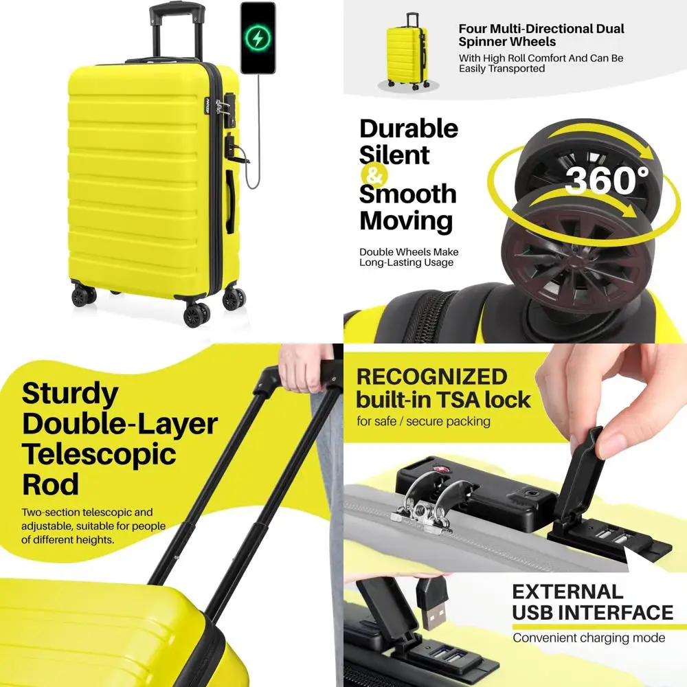 

Легкий чемодан из АБС-пластика с USB-портом, замком TSA, колесами среднего размера — 24-дюймовый желтый дорожный чемодан