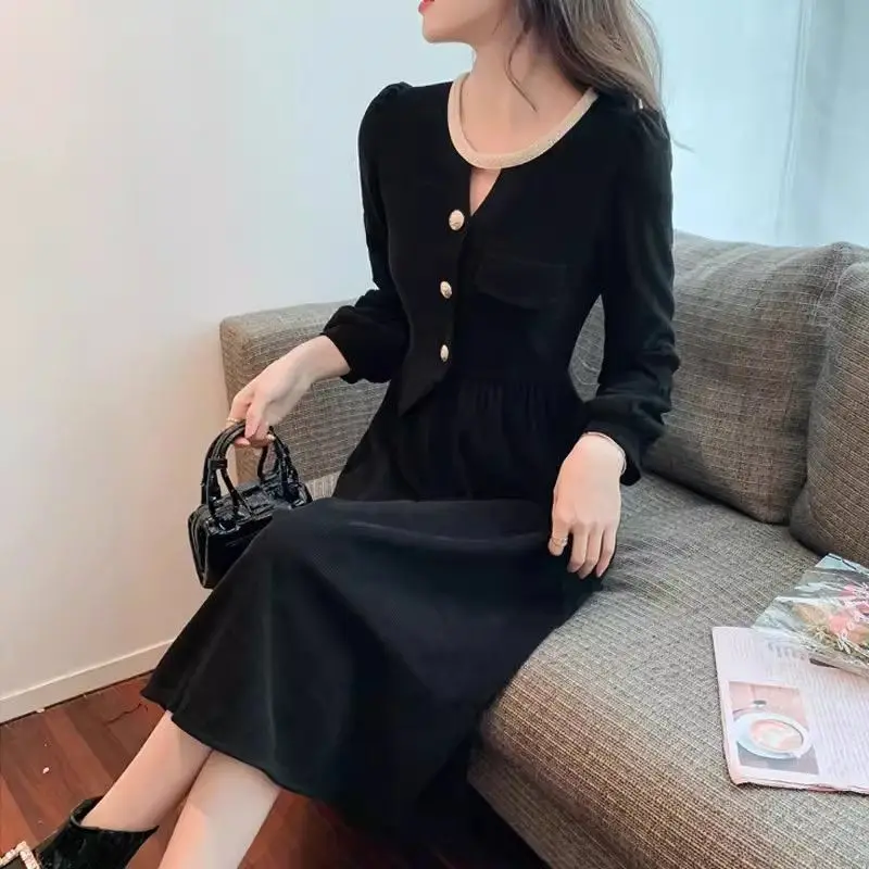 French Style Vintage Round Neck Dresses Female Clothing Fashion Asymmetrical Spring Autumn Elegant A-Line Long Sleeve Midi Dress