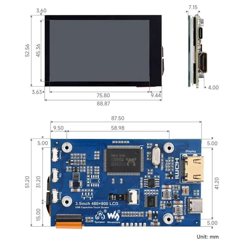 Waveshare 3.5 inch IPS Capacitive Touch LCD Screen Display, 480 x 800, Adjustable Brightness Support Raspberry Pi JetsonNano