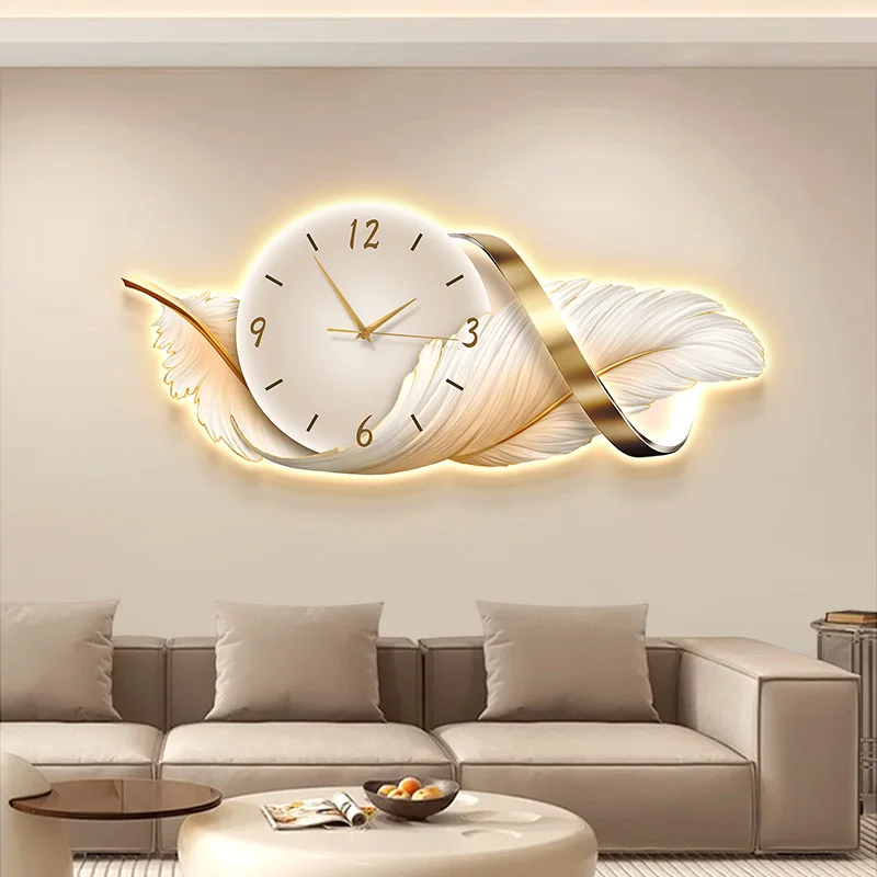 

Feather Design Glowing Wall Clock With LED Light Luxury Silent Clock For Living Room Bedroom Home Decor