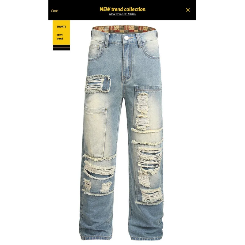 

Ностальгические рваные джинсы мужские, осенняя коллекция 2025, модный бренд, свободные прямые брюки в американском стиле ретро, модные длинные брюки