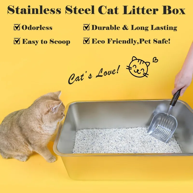 Stainless Steel Cat Litter Box,Large Metal Litter Box for Small Large Cats Kitty Rabbits,No Smell,Non Stick,Easy to Clean